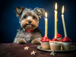 aanbiddelijk hond poseren met een verjaardag taart Bij een viering ai generatief foto