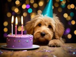aanbiddelijk hond poseren met een verjaardag taart Bij een viering ai generatief foto