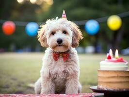 aanbiddelijk hond poseren met een verjaardag taart Bij een viering ai generatief foto