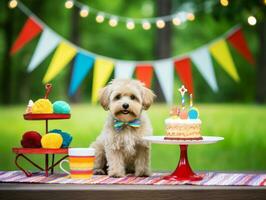 aanbiddelijk hond poseren met een verjaardag taart Bij een viering ai generatief foto