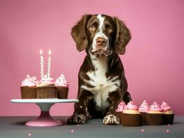 aanbiddelijk hond poseren met een verjaardag taart Bij een viering ai generatief foto