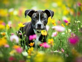 nieuwsgierig hond verkennen een veld- van bloeiend wilde bloemen ai generatief foto