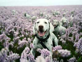 nieuwsgierig hond verkennen een veld- van bloeiend wilde bloemen ai generatief foto