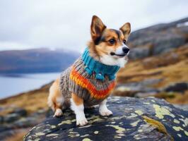 hond gedurende een winter wandelen ai generatief foto