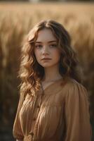 portret van een Europese vrouw in gemakkelijk rustiek kleren Aan een veld- achtergrond, , natuurlijk foto, zacht licht, ai generatief kunst foto