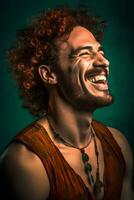 vrolijk studio portret van een glimlachen Europese Mens met gekruld rood haar, detailopname, zacht licht, ai gegenereerd kunst foto