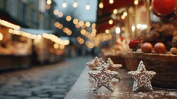 generatief ai, Kerstmis eerlijk wazig achtergrond, winter straat markt in Europa foto