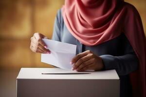 vrouw kiezer hand- zetten bulletin in stemming doos. generatief ai foto