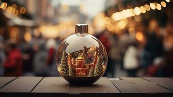 generatief ai, Kerstmis eerlijk wazig achtergrond, winter straat markt in Europa foto