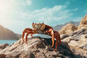 krab Aan steen tegen zee achtergrond. generatief ai foto