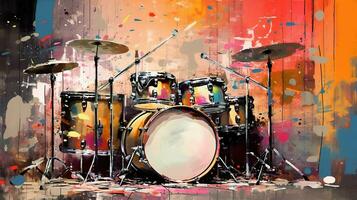 generatief ai, jazz- muziek- straat kunst met drums musical instrument silhouet. inkt kleurrijk graffiti kunst Aan een getextureerde muur, canvas achtergrond. foto