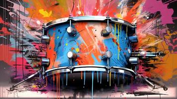 generatief ai, jazz- muziek- straat kunst met drums musical instrument silhouet. inkt kleurrijk graffiti kunst Aan een getextureerde muur, canvas achtergrond. foto