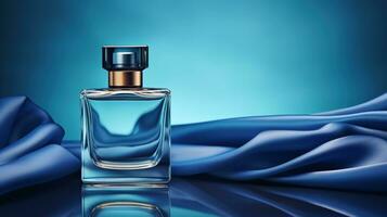 generatief ai, fles van parfum Aan een blauw zijde achtergrond. glas fles met blauw geur verpakking ontwerp bespotten omhoog foto