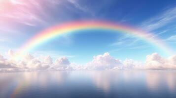 generatief ai, wit fantastisch wolken, lucht en landschap met kleurrijk regenboog. teder kleuren en met helder lichten. foto