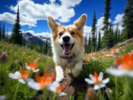 nieuwsgierig hond verkennen een veld- van bloeiend wilde bloemen ai generatief foto