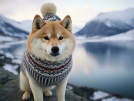 hond gedurende een winter wandelen ai generatief foto