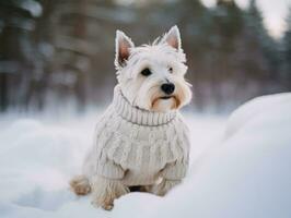 hond gedurende een winter wandelen ai generatief foto