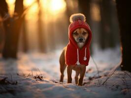 hond gedurende een winter wandelen ai generatief foto