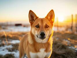 hond gedurende een winter wandelen ai generatief foto