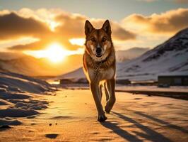 hond gedurende een winter wandelen ai generatief foto