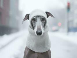 hond gedurende een winter wandelen ai generatief foto