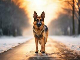 hond gedurende een winter wandelen ai generatief foto