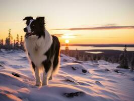 hond gedurende een winter wandelen ai generatief foto