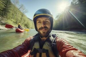 rivier- raften Mens detailopname selfie natuur. genereren ai foto