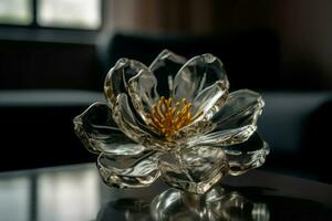 glas beeldhouwwerk bloem Aan houten tafel. genereren ai foto