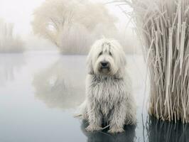 hond gedurende een winter wandelen ai generatief foto