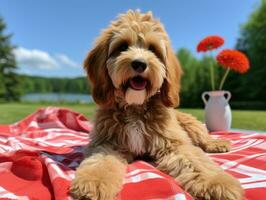 pluizig hond zittend Aan een kleurrijk picknick deken ai generatief foto