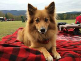 pluizig hond zittend Aan een kleurrijk picknick deken ai generatief foto