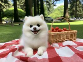 pluizig hond zittend Aan een kleurrijk picknick deken ai generatief foto