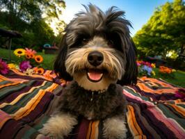 pluizig hond zittend Aan een kleurrijk picknick deken ai generatief foto