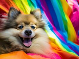 pluizig hond zittend Aan een kleurrijk picknick deken ai generatief foto