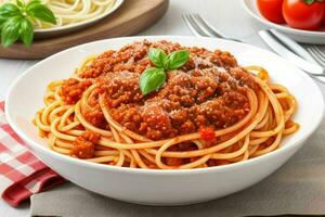 spaghetti bolognese pasta met tomaat saus en vlees. ai generatief pro foto