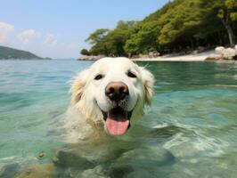 vriendelijk hond in een Doorzichtig blauw meer ai generatief foto