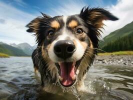 vriendelijk hond in een Doorzichtig blauw meer ai generatief foto