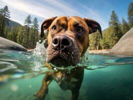 vriendelijk hond in een Doorzichtig blauw meer ai generatief foto