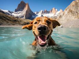 vriendelijk hond in een Doorzichtig blauw meer ai generatief foto