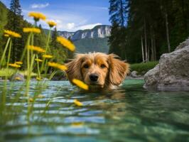 vriendelijk hond in een Doorzichtig blauw meer ai generatief foto