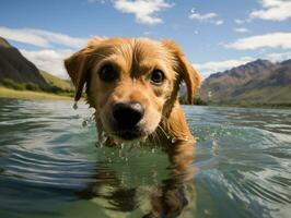 vriendelijk hond in een Doorzichtig blauw meer ai generatief foto