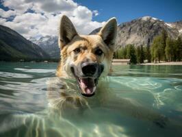 vriendelijk hond in een Doorzichtig blauw meer ai generatief foto