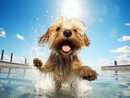 nat en blij hond springend in een zwembad Aan een heet zomer dag ai generatief foto