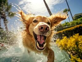 nat en blij hond springend in een zwembad Aan een heet zomer dag ai generatief foto