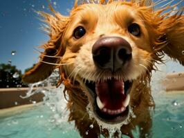 nat en blij hond springend in een zwembad Aan een heet zomer dag ai generatief foto