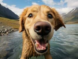 vriendelijk hond in een Doorzichtig blauw meer ai generatief foto