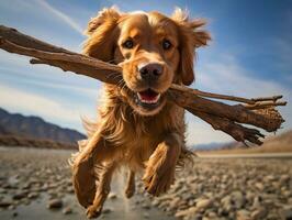 betrouwbaar hond met een stok in haar mond klaar voor een spel van halen ai generatief foto