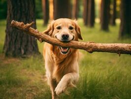 betrouwbaar hond met een stok in haar mond klaar voor een spel van halen ai generatief foto