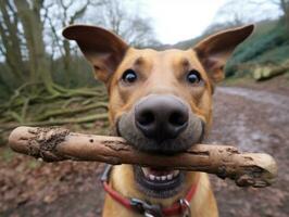 betrouwbaar hond met een stok in haar mond klaar voor een spel van halen ai generatief foto